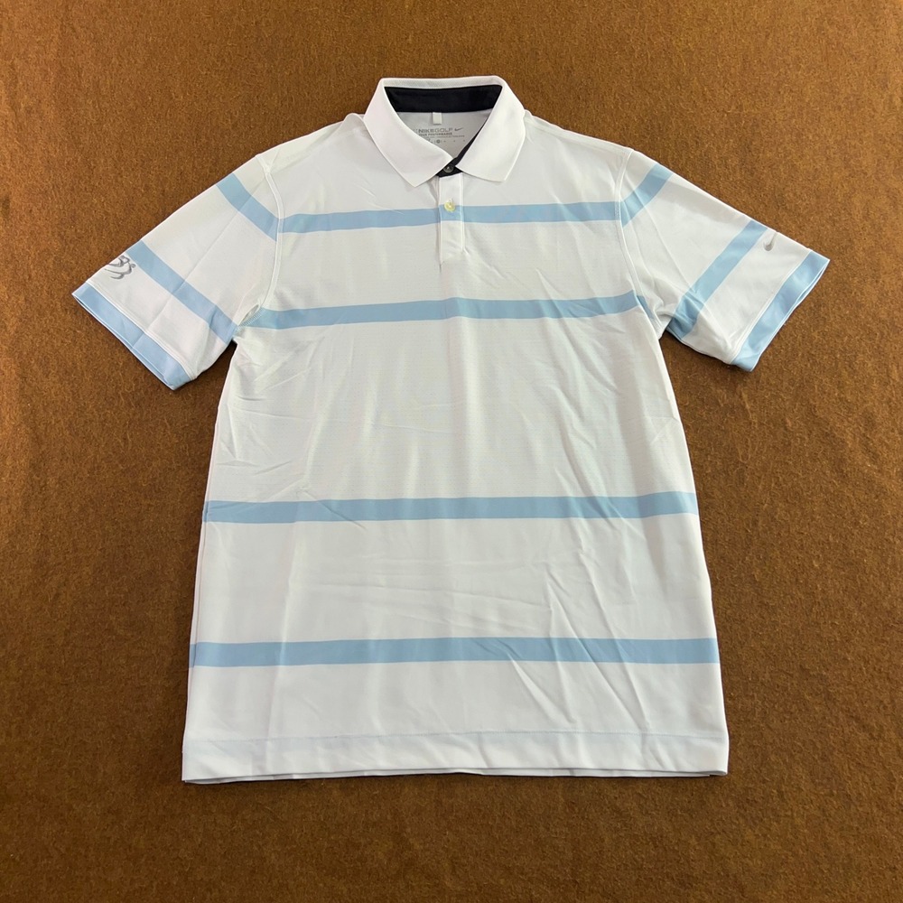 Nike Mens Medium White Blue Striped Dri-FIT Tour Performance Golf Polo Shirt